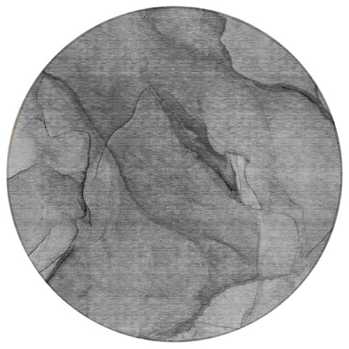 8' Gray Silver And Charcoal Round Abstract Washable Indoor Outdoor Area Rug