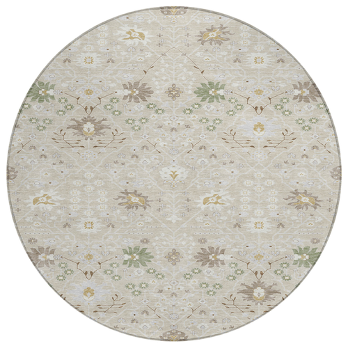 8' Beige Brown And Green Round Oriental Washable Indoor Outdoor Area Rug