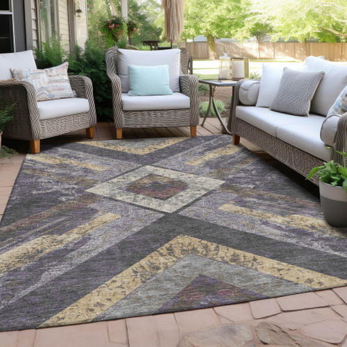 10' X 14' Purple And Gold Geometric Washable Indoor Outdoor Area Rug