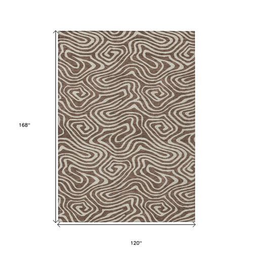 10' X 14' Brown And Beige Abstract Washable Indoor Outdoor Area Rug