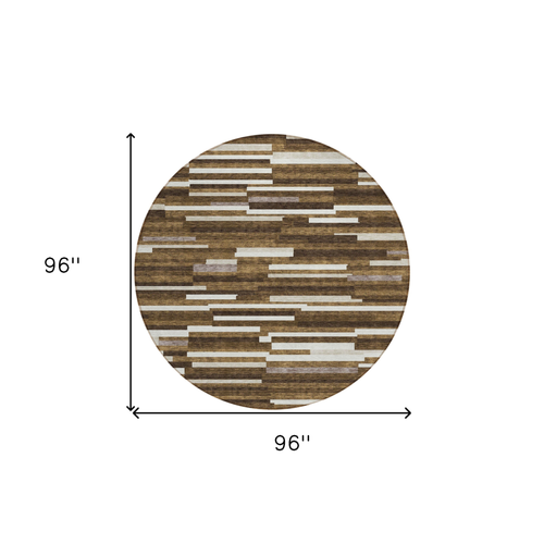 8' Brown And Ivory Round Striped Washable Indoor Outdoor Area Rug