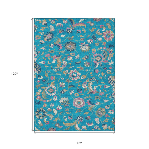 8' X 10' Teal Blue Ivory And Pink Floral Washable Indoor Outdoor Area Rug