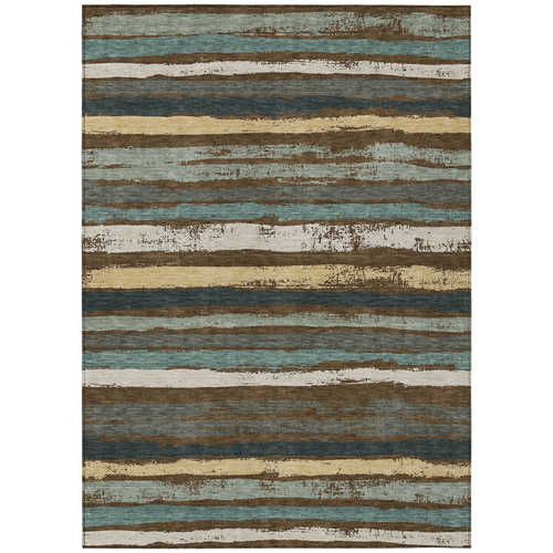 9' X 12' Brown Beige And Green Striped Washable Indoor Outdoor Area Rug