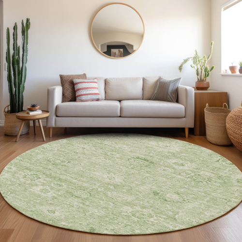 8' Artichoke Green And Ivory Round Damask Washable Indoor Outdoor Area Rug
