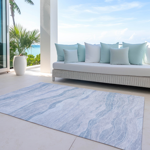 8' X 10' Sky Blue Striped Washable Indoor Outdoor Area Rug