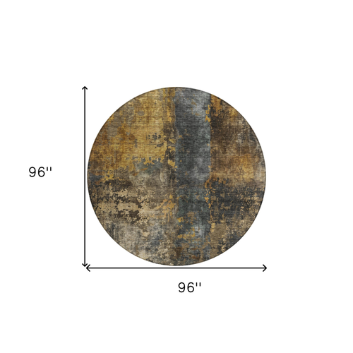8' Gray Brown And Gold Round Abstract Washable Indoor Outdoor Area Rug