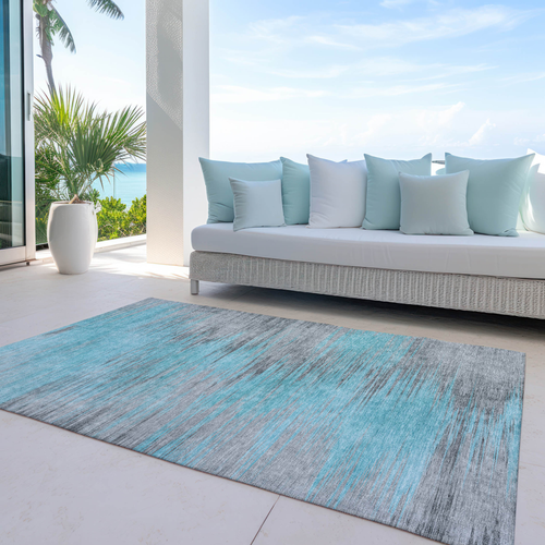 9' X 12' Teal Blue Charcoal And Gray Abstract Washable Indoor Outdoor Area Rug