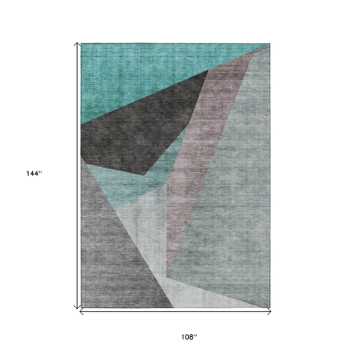 9' X 12' Teal Blue Aqua And Charcoal Abstract Washable Indoor Outdoor Area Rug