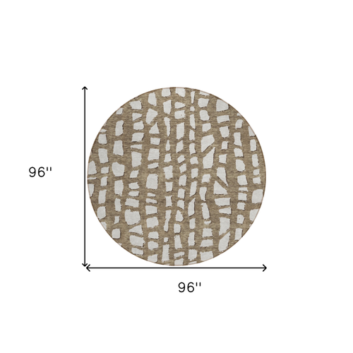 8' Brown And Ivory Round Abstract Washable Indoor Outdoor Area Rug