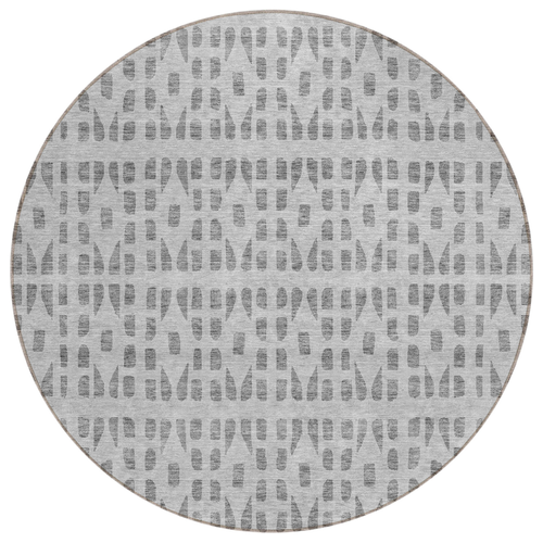 8' Gray And Ivory Round Geometric Washable Indoor Outdoor Area Rug