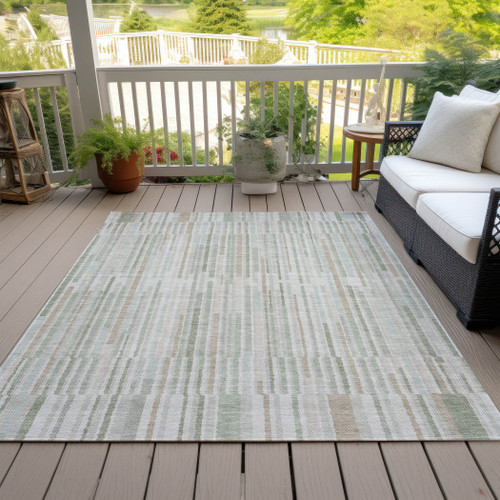 8' X 10' Sage And Ivory Striped Washable Indoor Outdoor Area Rug - Sage, Ivory