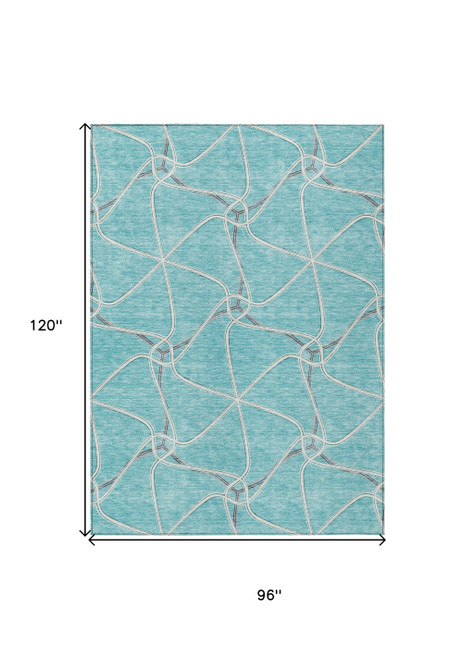 8' X 10' Teal Blue And Ivory Geometric Washable Indoor Outdoor Area Rug Contemporary Style - Teal Blue, Ivory Color