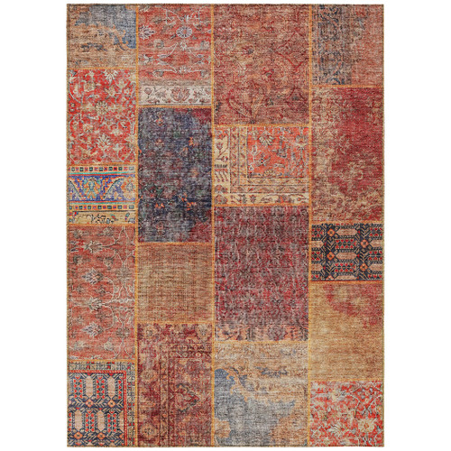 8' X 10' Red Orange And Blue Patchwork Washable Indoor Outdoor Area Rug