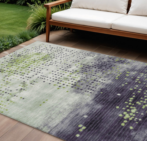 9' X 12' Artichoke Green And Purple Geometric Washable Indoor Outdoor Area Rug