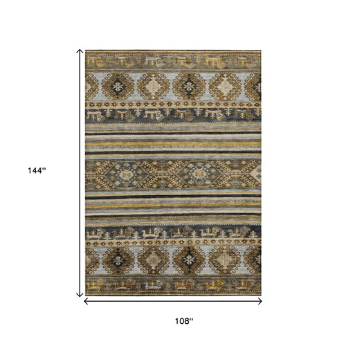 9' X 12' Chocolate Taupe And Gold Tribal Washable Indoor Outdoor Area Rug