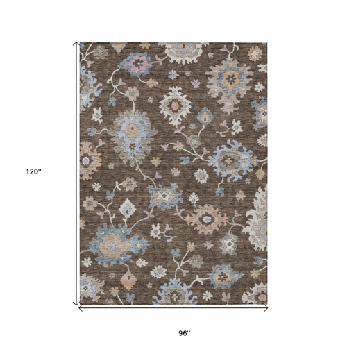 8' X 10' Chocolate Beige And Blue Floral Washable Indoor Outdoor Area Rug