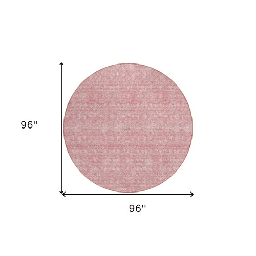 8' Blush Pink And Ivory Round Floral Washable Indoor Outdoor Area Rug