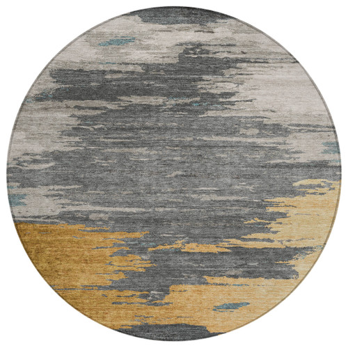 8' Gold And Gray Round Abstract Washable Indoor Outdoor Area Rug - Gold, Gray