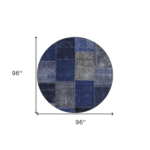 8' Navy Blue And Denim Blue Round Patchwork Washable Indoor Outdoor Area Rug