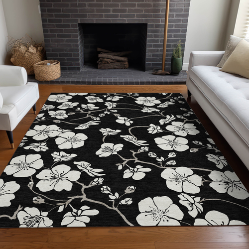 10' X 14' Black Ivory And Gray Floral Washable Indoor Outdoor Area Rug