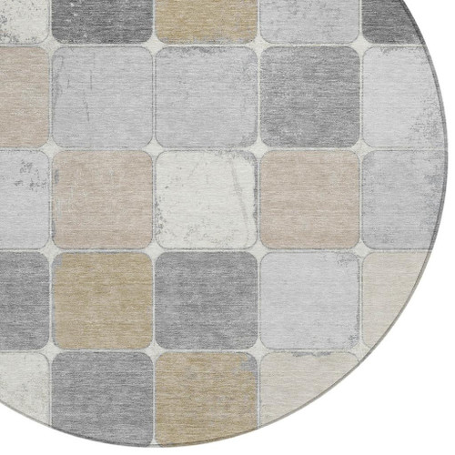 8' Beige And Gray Round Geometric Washable Indoor Outdoor Area Rug - Beige, Gray