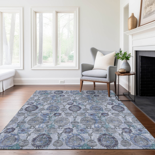 9' X 12' Navy Blue And Sky Blue Damask Washable Indoor Outdoor Area Rug