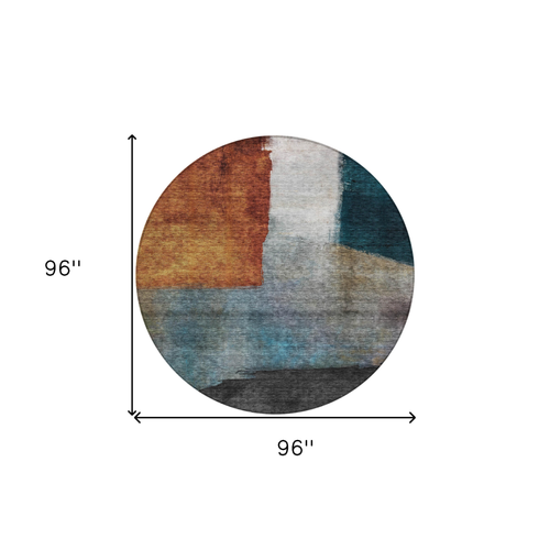 8' Copper Green And Gray Round Abstract Washable Indoor Outdoor Area Rug