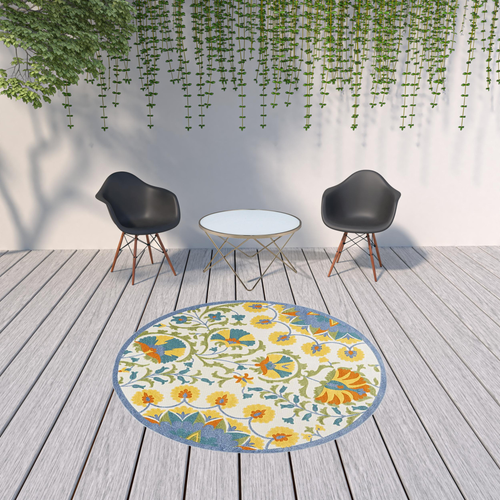 8' X 8' Blue And Yellow Round Indoor Outdoor Area Rug