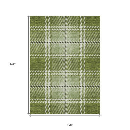 9' X 12' Green Black And Ivory Plaid Washable Indoor Outdoor Area Rug