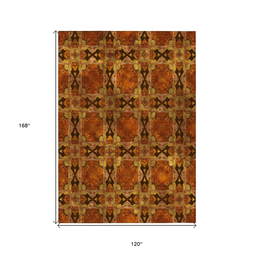 10' X 14' Orange and Rust Floral Medallion Washable Non Skid Indoor Outdoor Area Rug