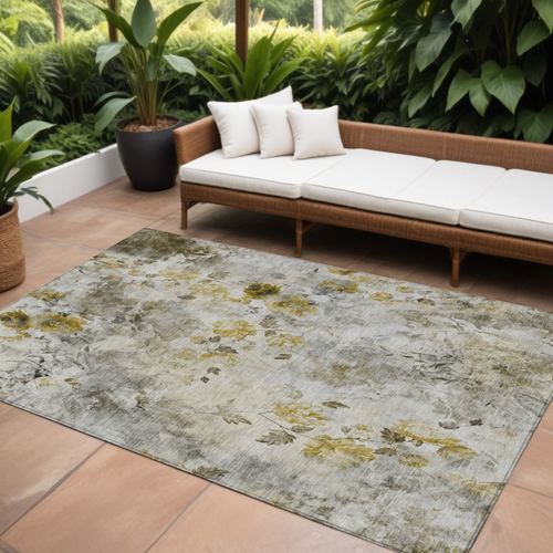 9' X 12' Taupe Ivory And Tan Floral Washable Indoor Outdoor Area Rug