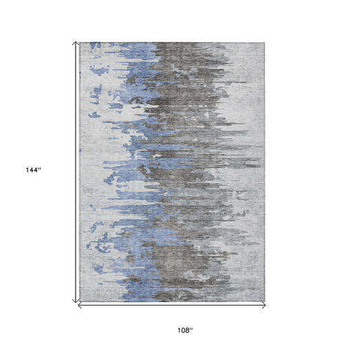 9' X 12' Blue Gray And Silver Abstract Washable Indoor Outdoor Area Rug