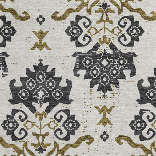 8' Black Beige And Gold Round Oriental Washable Indoor Outdoor Area Rug