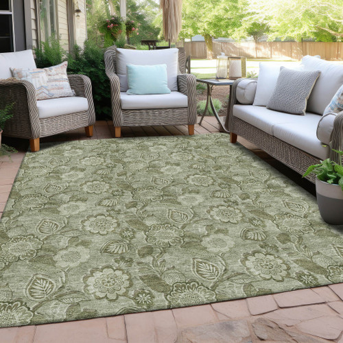 9' X 12' Artichoke Green And Fern Green Floral Washable Indoor Outdoor Area Rug