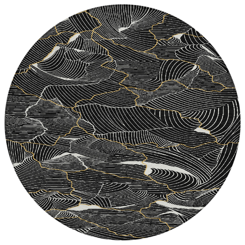 8' Black Ivory And Gold Round Abstract Washable Indoor Outdoor Area Rug