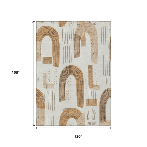 10' X 14' Ivory Khaki And Beige Geometric Washable Indoor Outdoor Area Rug