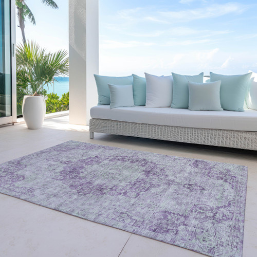 10' X 14' Purple Floral Medallion Washable Indoor Outdoor Area Rug