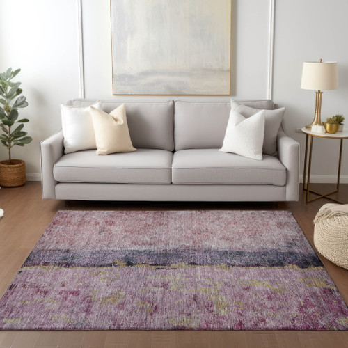 9' X 12' Blush Pink And Purple Abstract Washable Indoor Outdoor Area Rug