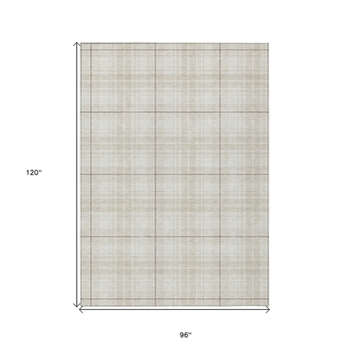 8' X 10' Ivory Beige And Brown Plaid Washable Indoor Outdoor Area Rug