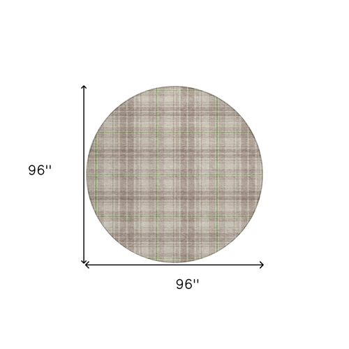 8' Beige Ivory And Green Round Plaid Washable Indoor Outdoor Area Rug