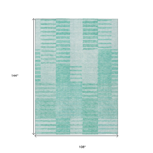9' X 12' Teal Blue Aqua And Ivory Striped Washable Indoor Outdoor Area Rug