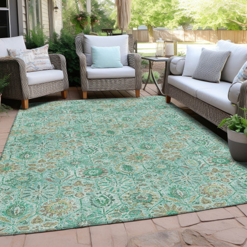 8' X 10' Aqua And Beige Floral Washable Indoor Outdoor Area Rug