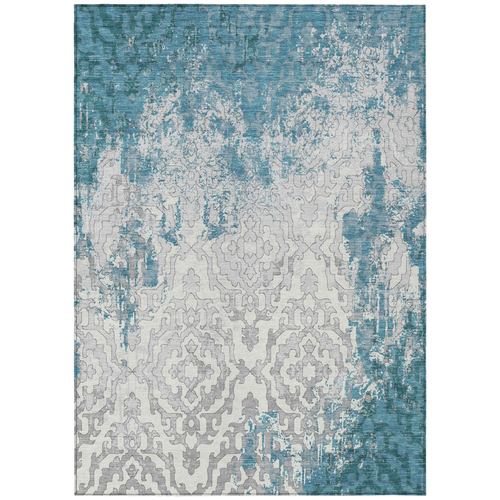10' X 14' Teal Blue Gray And Ivory Medallion Washable Indoor Outdoor Area Rug