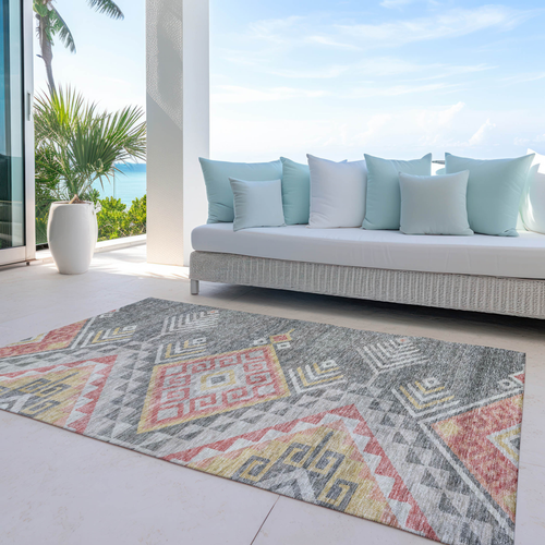 9' X 12' Gray And Terra Cotta Southwestern Washable Indoor Outdoor Area Rug