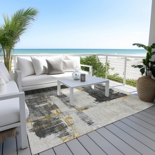 8' X 10' Gray And Tan Abstract Washable Indoor Outdoor Area Rug