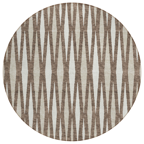 8' Brown And Ivory Round Geometric Washable Indoor Outdoor Area Rug
