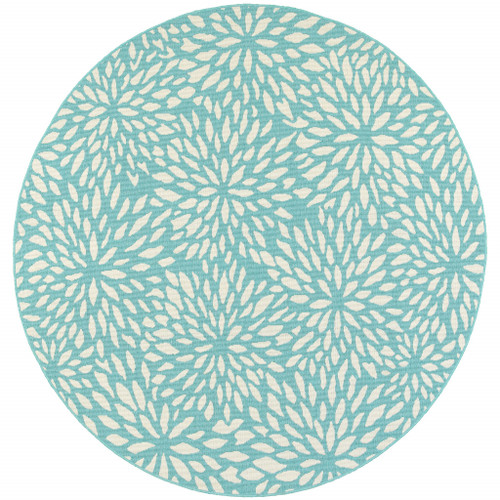Homeroots Outdoor 8' Round Blue Floral Stain Resistant Indoor Outdoor Area Rug