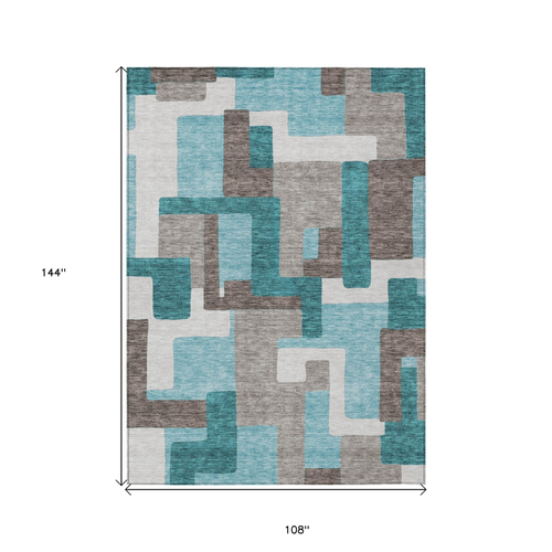 9' X 12' Teal Blue Aqua And Beige Abstract Washable Indoor Outdoor Area Rug