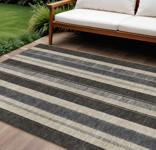 8' X 10' Black And Ivory Striped Washable Indoor Outdoor Area Rug - Black, Ivory