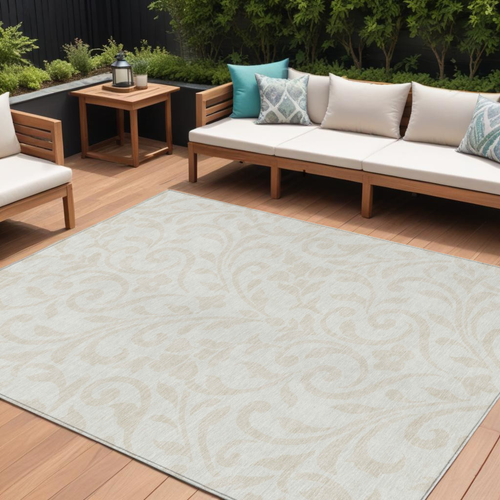10' X 14' Ivory And Beige Floral Washable Indoor Outdoor Area Rug